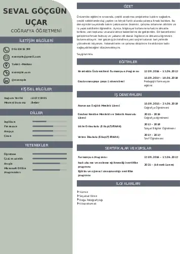 Coğrafya Öğretmeni CV Örnekleri cv indir